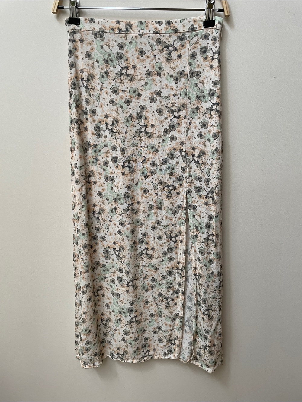 H&M Cream Floral Midi Skirt with Sage Accents and Side Slit